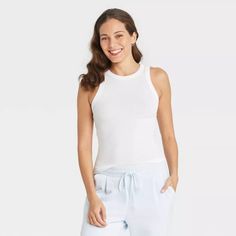 Women's Slim Fit Ribbed High Neck Tank Top - A New Day™ : Target Rib Knit Top, High Neck Tank Top, High Neck Tank, Racerback Bra, Ribbed Tank Tops, Wardrobe Basics, Navy Shirt, Linen Shorts, Basic Tees