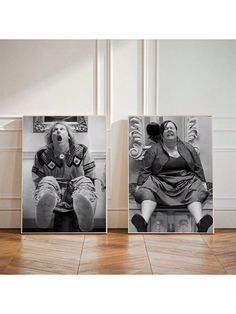 two black and white photos of women sitting on a couch, one with her mouth open