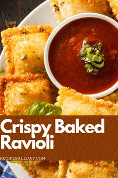 crispy baked ravioli on a white plate with dipping sauce and garnish