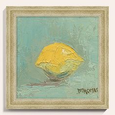 a painting of a lemon on a blue background