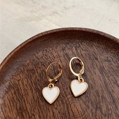 White Heart Dangle Earrings White Heart Charm Earrings, Minimalist White Heart Earrings For Everyday, White Dangle Hoop Earrings For Valentine's Day, Trendy White Jewelry With Heart Charm, Trendy White Heart-shaped Earrings, White Heart Pendant Earrings As Gift, White Heart Pendant Earrings For Gifts, Trendy White Heart Earrings Gift, Trendy White Heart Earrings For Gift