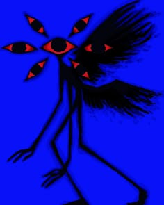 a drawing of a person with red eyes and an evil look on their face, standing in front of a blue background