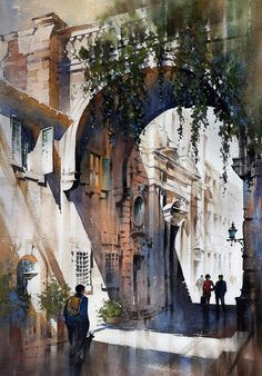 a painting of people walking under an arch in the middle of a street with ivy growing on it