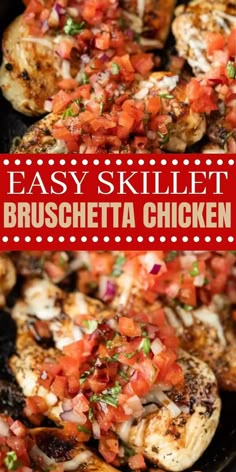 easy skillet bruschetta chicken in a cast iron skillet with text overlay