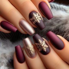 Christmas Nail Ideas Short Acrylic, Holiday Burgundy Nails, Christmas Nails Dark Colors, December Nails Burgundy, Burgundy Snowflake Nails, Christmas Elegant Nails Classy, Dark Red Christmas Nails Short, Burgundy And Champagne Nails, Burgundy Winter Nail Designs