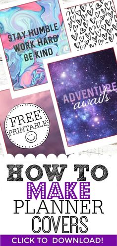 the text how to make planner covers is shown in purple and black with images of stars,