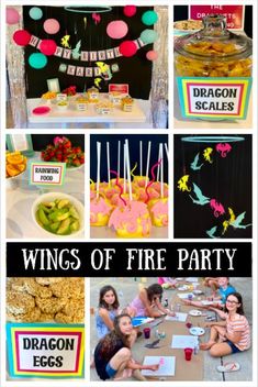 a collage of photos with the words wings of fire party on them and images of food