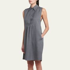 Jil Sander dress with a pintuck bib front Point collar; concealed half-button placket Sleeveless Side slip pockets Short length A-line silhouette Side slits Slipover style Acetate Made in Italy Pleated A-line Sleeveless Dress For Daywear, A-line Box Pleat Dress For Work, A-line Dress With Pockets For Daywear, A-line Pleated Sleeveless Dress For Daywear, Daywear Sleeveless Dress With Pleated Bodice, Classic Formal Dresses With Pockets, A-line Sleeveless Dress With Pockets For Work, Classic Daywear Dresses With Pockets, Classic Office Dresses With Pockets