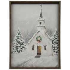 a painting of a church in the snow with wreaths on it's door