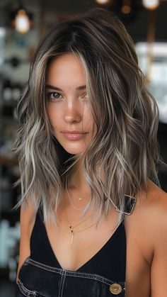 25 Silver Hair Color Ideas to Rock Your Style with Elegance Blended Silver Hair Grey Highlights, Hair Color Ideas Grey Highlights, Hair Colour For Greying Hair Dark, Gray Balayage On Blonde Hair, Butter Blonde Highlights On Dark Hair, Highlights Gray Hair Dark Brown, Gray Strands Of Hair, Dark Brown Silver Highlights, Gray Hair Balage