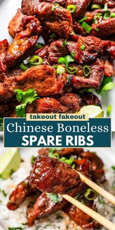 chinese boneless spare ribs with rice and garnished with cilantro sauce