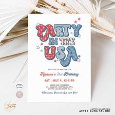 a party in the usa poster is on top of some palm leaves and paper fans