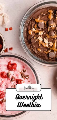 three bowls filled with food sitting on top of a white counter next to each other