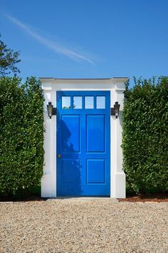 a blue and white door surrounded by bushes