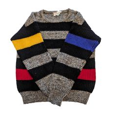 "This 100% wool vintage sweater from Arrow Criterion is the perfect grunge (think Nirvana) and preppy crossover piece. I love the wide stripes and the primary colours, and definitely considered hanging onto it for myself.  Condition: Excellent vintage condition. A few stray pills, but no other noticeable wear (aside from the tag which has come unstitched on one side). Materials: 100% Wool P2P 22.25\" All items are shipped from a smoke-free, pet-friendly home. I reuse and recycle shipping materials when possible. Perfect for retro, vintage, grunge, preppy, coastal, academia wardrobes." Winter Striped Color Block Sweater, Striped Color Block Sweater For Winter, Striped Wool Crew Neck Sweater, Striped Wool Sweater With Crew Neck, Retro Striped Winter Sweater, Retro Striped Sweater For Winter, Winter Multicolor Striped Sweater, Retro Striped Color Block Sweater, Retro Striped Crew Neck Sweater