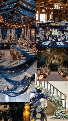 wedding reception decorations and decor at the top, bottom left is an indoor venue with blue draping