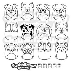 an illustrated set of different types of dogs with their faces drawn in black and white