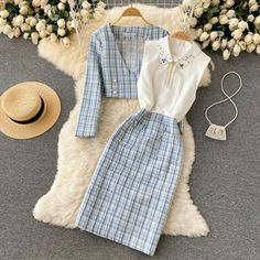 Tweed Two Piece, Women Crop Top, High Quality Dress, Set Women, Short Jacket, Plaid Dress, Dress Suits