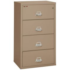 four drawer file cabinet with electronic devices on the top and bottom drawers, in beige