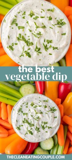 dip in a bowl with carrots, celery and other vegetables around it