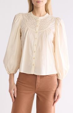 An embroidered-eyelet yoke sweetens a balloon-sleeve peasant top cut from breathable cotton in a flowy fit. 23" length Front button closure Crewneck Long sleeves with elastic cuffs 100% cotton Machine wash, tumble dry Imported Balloon Sleeve Top, Peasant Top, Peasant Tops, Nordstrom Store, Nordstrom Rack, Shirt Blouses, Button Up, Top Blouse, Long Sleeves