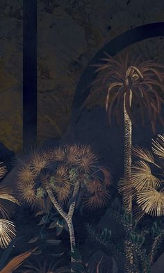 an artistic painting with palm trees and other plants in the foreground, on a dark background