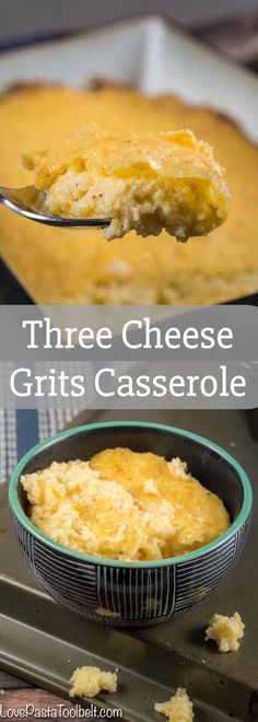 three cheese grits casserole in a bowl with a spoon full of it