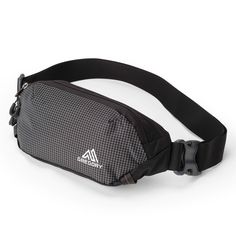 the waist bag is black and white with a small triangle on it's side