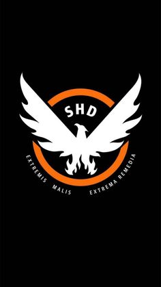 an orange and black logo with white wings on the bottom, in front of a black background