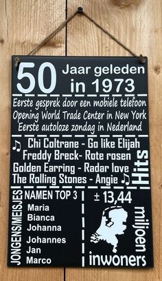 a sign hanging on the side of a wooden wall that says 60 jaar geleden in 1960