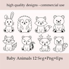 baby animals line art clipart set for commercial use in adobe, pst and png formats