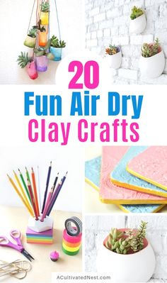 some crafts that are made with clay and paper, including scissors and other crafting supplies