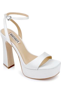 fashion luxury designer badgley mischka caia ankle strap chunky platform sandal white shoes sculpted block heels Platform Wedding Shoes Brides, Heels For Hoco, White Heels Wedding, Wedding Shoes Platform, Chunky Platform Sandals, Modern Sandals, Wedding Shoes Bride, Wedding Apparel, Platform Block Heels