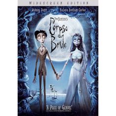 the corpse bride and groom are holding hands in front of a full moon with an image of