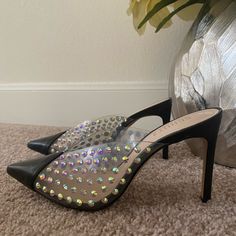 New Without Box. Comes With Dust Bag. Leather Sole. Leather And Pvc Upper With Crystal Studs. 4 Inch Heel. Size 7 Black High Heel Shoes For Shopping, 4 Inch Heels, Mule Clogs, Mules Shoes, Clogs, 4 Inch, Greece, Dust Bag, Size 7