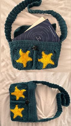 crocheted bag with yellow stars on the front and back, attached to a white sheet