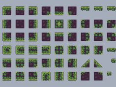 an array of squares and rectangles made up of small green dots on grey background