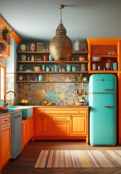 an orange and blue refrigerator in a kitchen next to wooden shelves with dishes on them