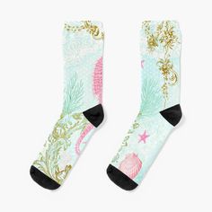 Super soft all-over printed knit socks with extra cushioning in the sole. Suitable for men and women. Gorgeous pink seahorse wearing a gold crown with shells, starfish and seaweed in a pretty pastel ocean scene with gold filigree details. Pink Seahorse, Pastel Ocean, Ocean Scenes, Gold Crown, Gold Filigree, Pretty Pastel, Socks For Sale, Knit Socks, Starfish