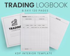 a set of three notebooks with the words trading logbook on them and an image of