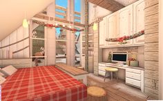 Aesthetic Christmas Bloxburg House, Bloxburg Winter House 1 Story, Bloxburg Xmas Bedroom, Bloxburg Christmas Decorating Ideas, Christmas Bloxburg Bedroom Ideas, Bloxburg Winter House Ideas Interior, Christmas Bloxburg Decor, Bloxburg Bedroom Ideas Christmas