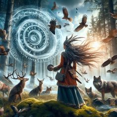 a woman surrounded by deer and birds in the woods with an astro wheel behind her