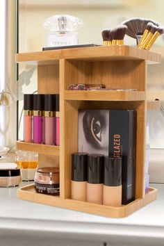 a wooden shelf with cosmetics and makeup products