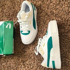 Brand New Pumas. Worn Once. White & Teal-Green Cali Sport Heritage Sneakers. Size 6.5 With Box. Green Puma Sneakers With Round Toe, Casual Green Puma Sneakers, Pink Puma Sneakers, Womens Puma Sneakers, Puma Rsx, Teal Sneakers, Black Platform Sneakers, Puma Vikky, Pink Pumas