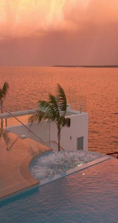 a hot tub sitting next to a large body of water with palm trees in the foreground