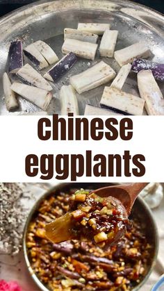 chinese eggplants in a pan with text overlay