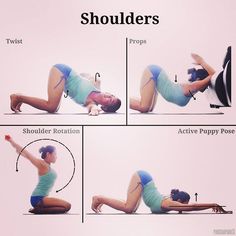 a woman is doing exercises on her stomach with the help of an exercise poster showing how to do shoulder stretches