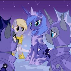 the three ponies are standing together in front of a night sky