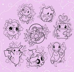 some cute little pokemons with flowers and hearts in their hands on a pink background