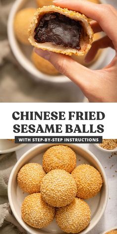 a person holding a sesame ball in their hand with the text chinese fried sesame balls